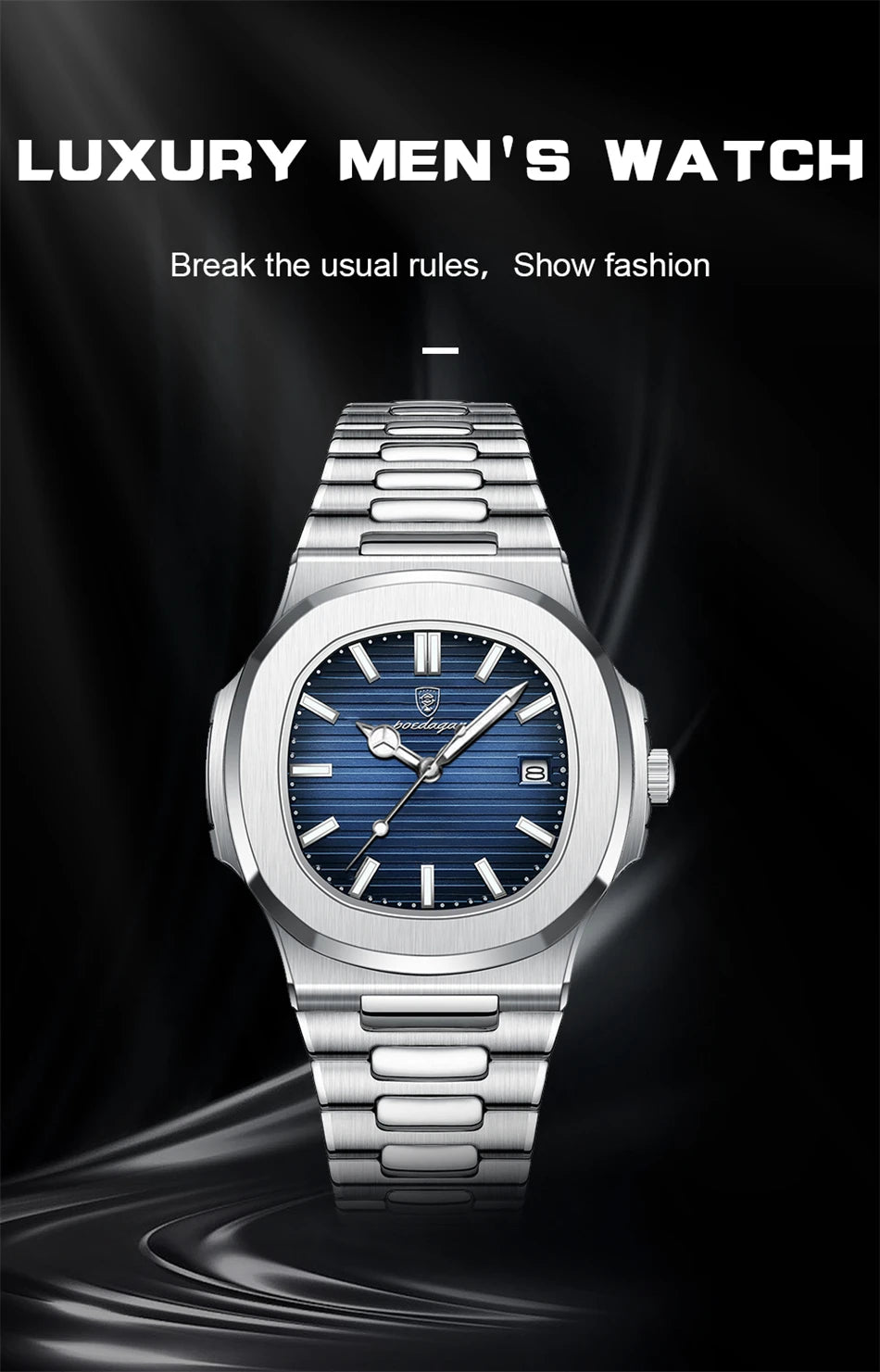 POEDAGAR Luxury Watch Business 50 ATM Waterproof Male Clock Luminous Date Stainless Steel Square Quartz Men Watches reloj hombre
