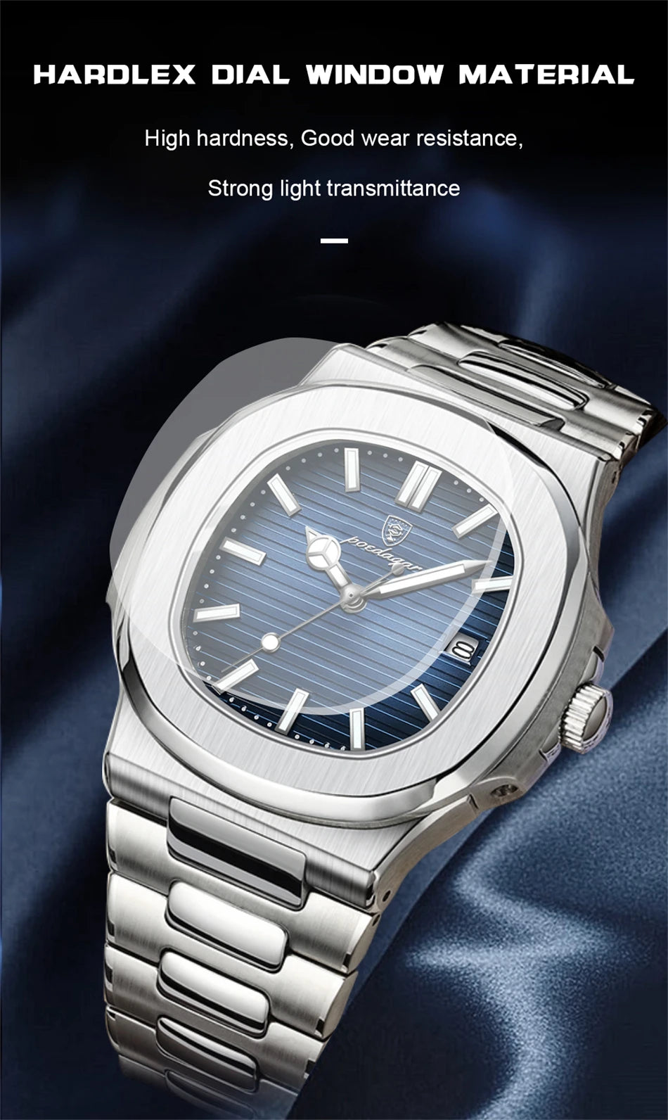 POEDAGAR Luxury Watch Business 50 ATM Waterproof Male Clock Luminous Date Stainless Steel Square Quartz Men Watches reloj hombre