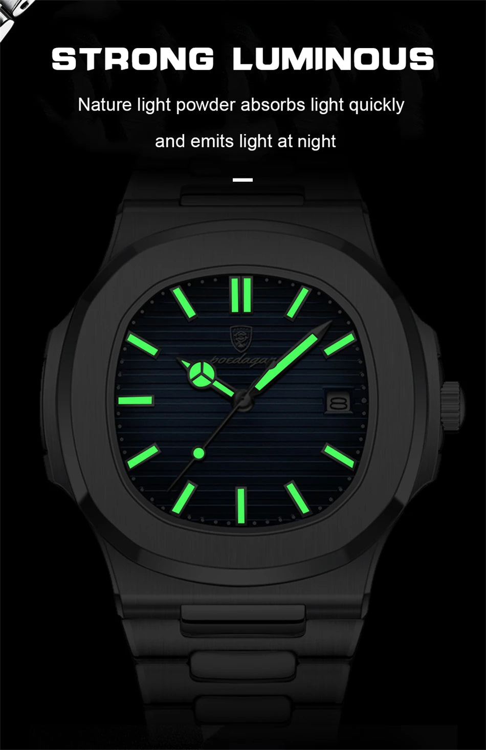 POEDAGAR Luxury Watch Business 50 ATM Waterproof Male Clock Luminous Date Stainless Steel Square Quartz Men Watches reloj hombre