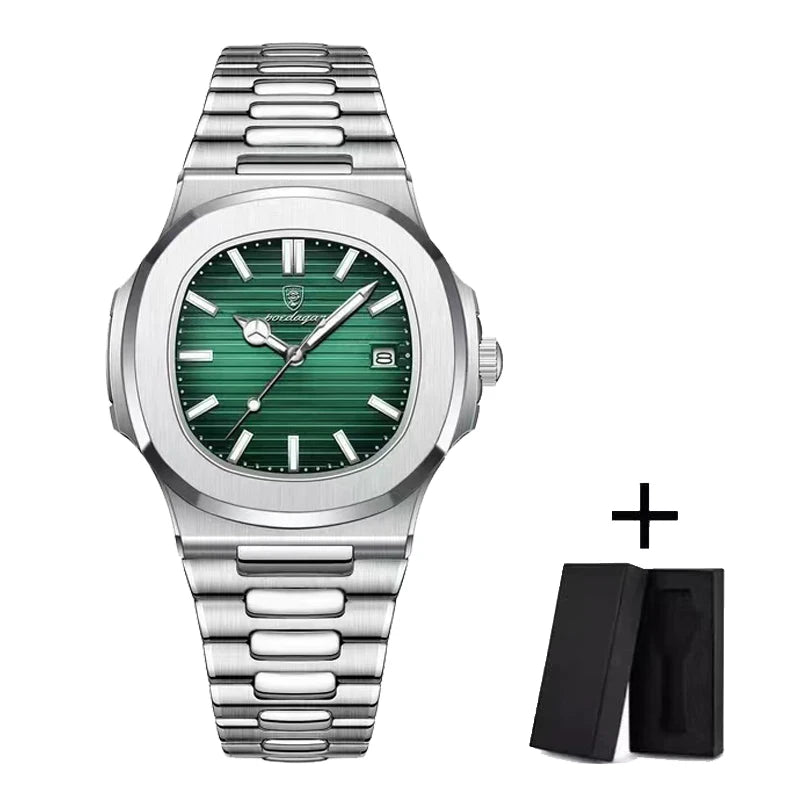 POEDAGAR Luxury Watch Business 50 ATM Waterproof Male Clock Luminous Date Stainless Steel Square Quartz Men Watches reloj hombre