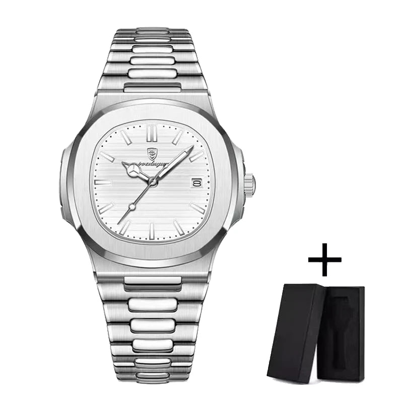 POEDAGAR Luxury Watch Business 50 ATM Waterproof Male Clock Luminous Date Stainless Steel Square Quartz Men Watches reloj hombre