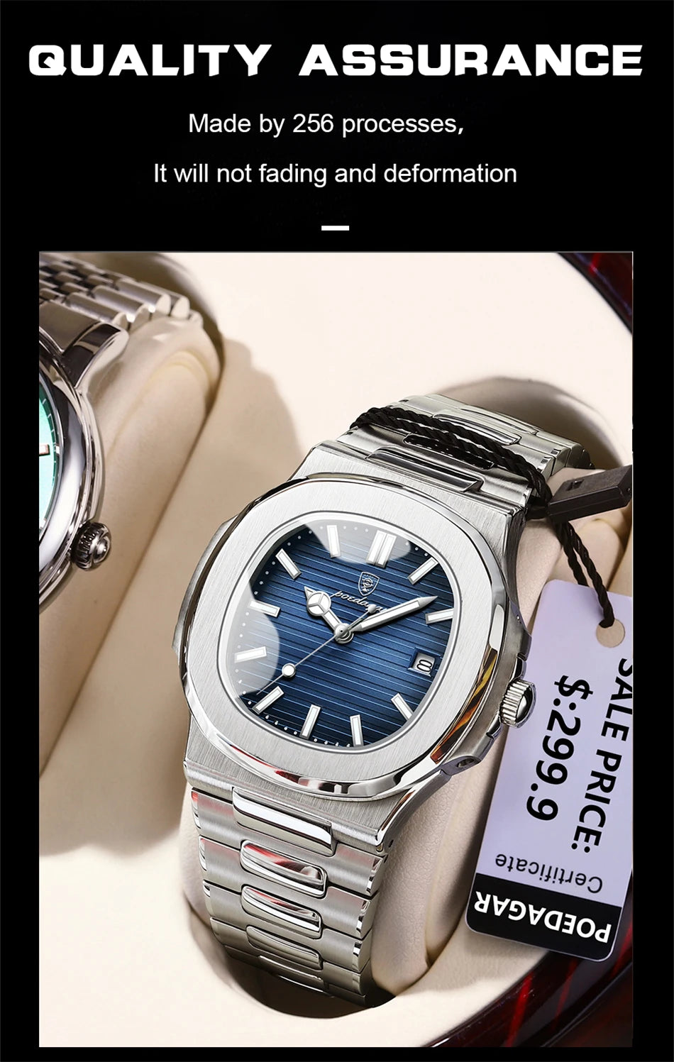 POEDAGAR Luxury Watch Business 50 ATM Waterproof Male Clock Luminous Date Stainless Steel Square Quartz Men Watches reloj hombre