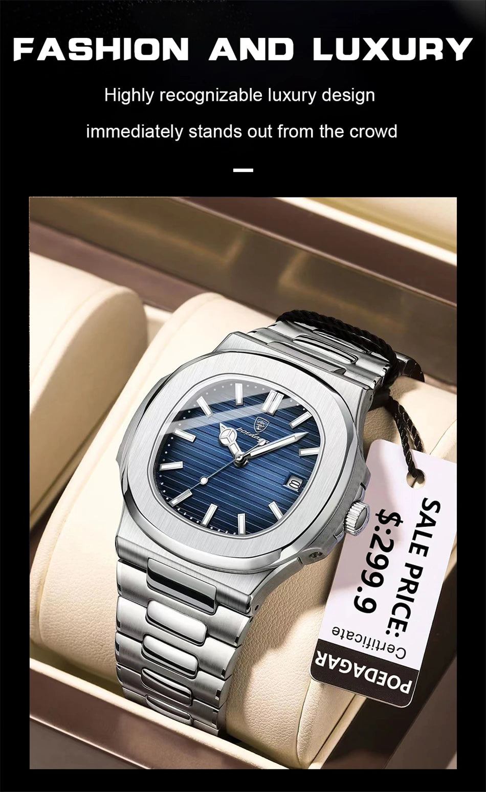 POEDAGAR Luxury Watch Business 50 ATM Waterproof Male Clock Luminous Date Stainless Steel Square Quartz Men Watches reloj hombre