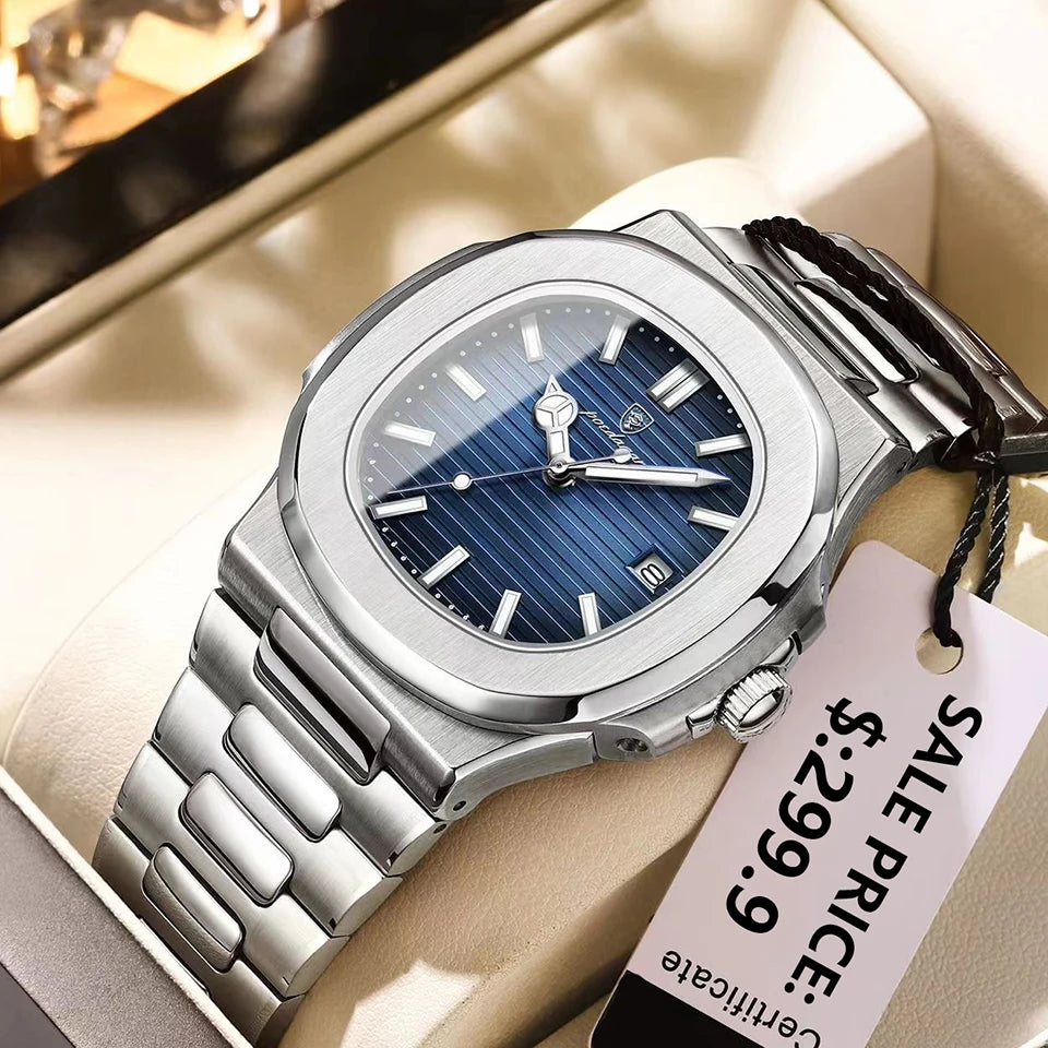 POEDAGAR Luxury Watch Business 50 ATM Waterproof Male Clock Luminous Date Stainless Steel Square Quartz Men Watches reloj hombre