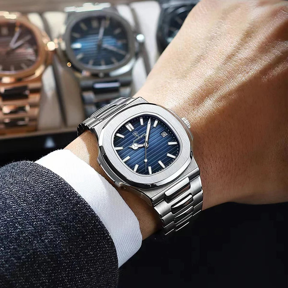 POEDAGAR Luxury Watch Business 50 ATM Waterproof Male Clock Luminous Date Stainless Steel Square Quartz Men Watches reloj hombre
