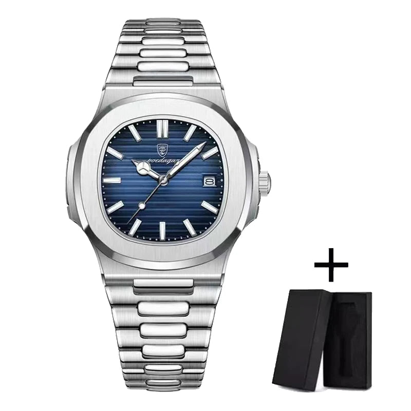 POEDAGAR Luxury Watch Business 50 ATM Waterproof Male Clock Luminous Date Stainless Steel Square Quartz Men Watches reloj hombre