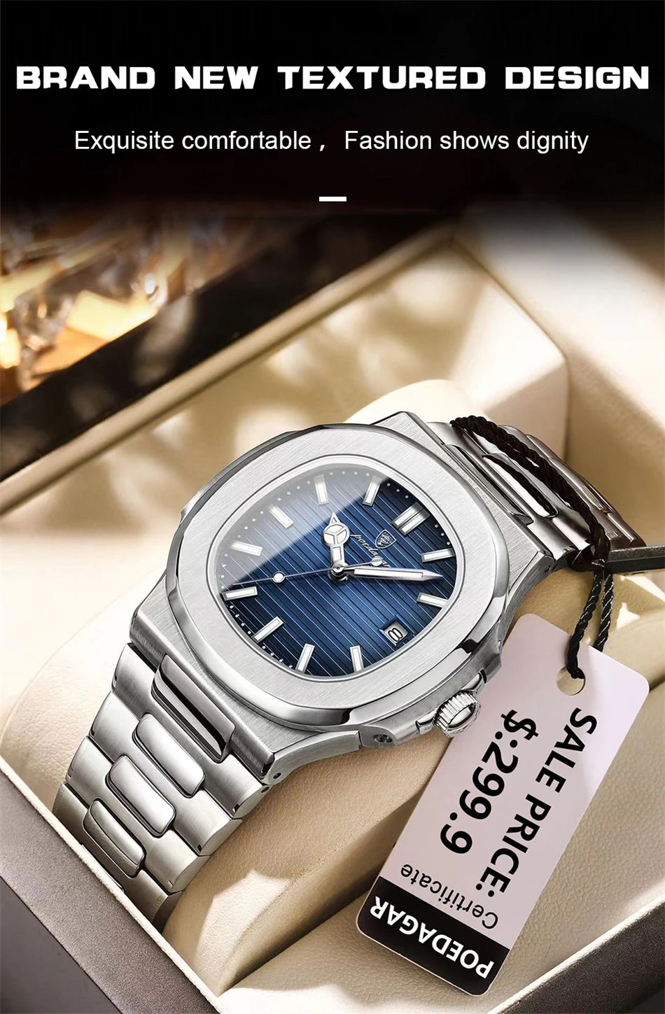 POEDAGAR Luxury Watch Business 50 ATM Waterproof Male Clock Luminous Date Stainless Steel Square Quartz Men Watches reloj hombre