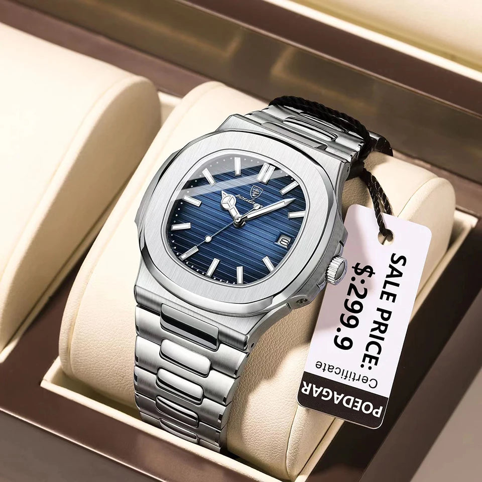 POEDAGAR Luxury Watch Business 50 ATM Waterproof Male Clock Luminous Date Stainless Steel Square Quartz Men Watches reloj hombre
